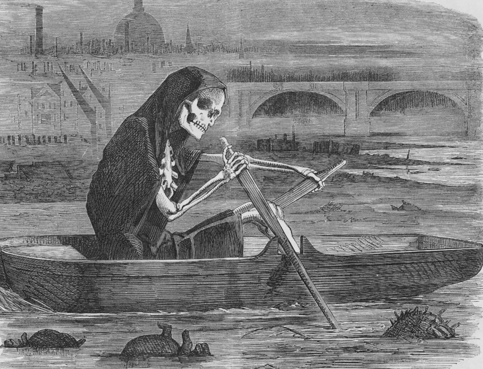 Historic drawing of the Grim Reaper rowing across the Thames - representing the danger the polluted river caused before the sewer network was born.